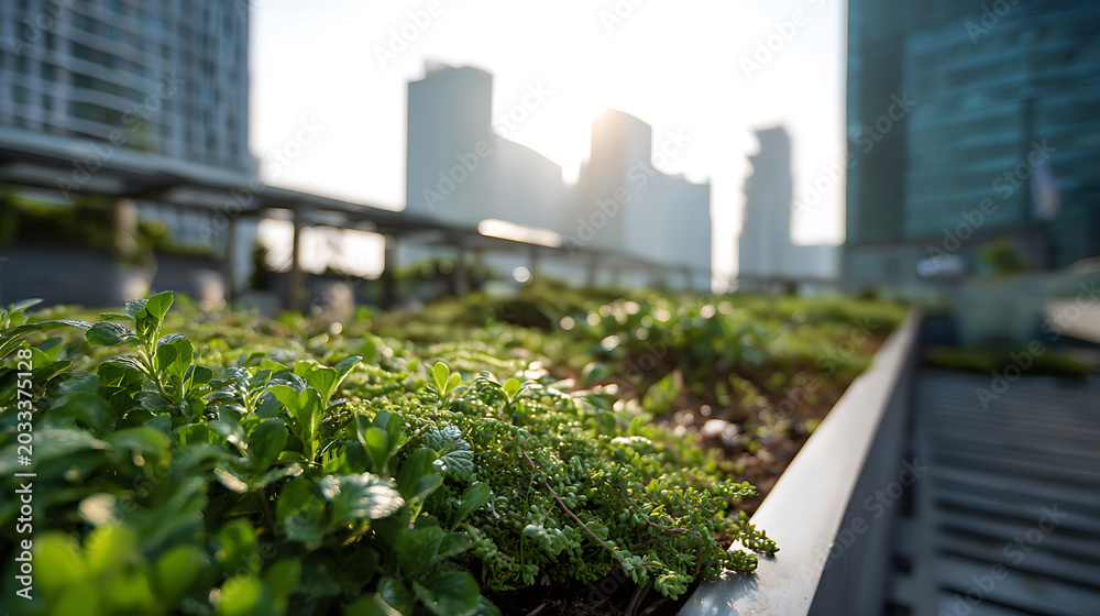 Fototapeta premium Vibrant Rooftop Garden with Lush Greenery Against a Blurry Cityscape Backdrop at Sunrise, Modern Urban Sustainability and Eco-Friendly Design