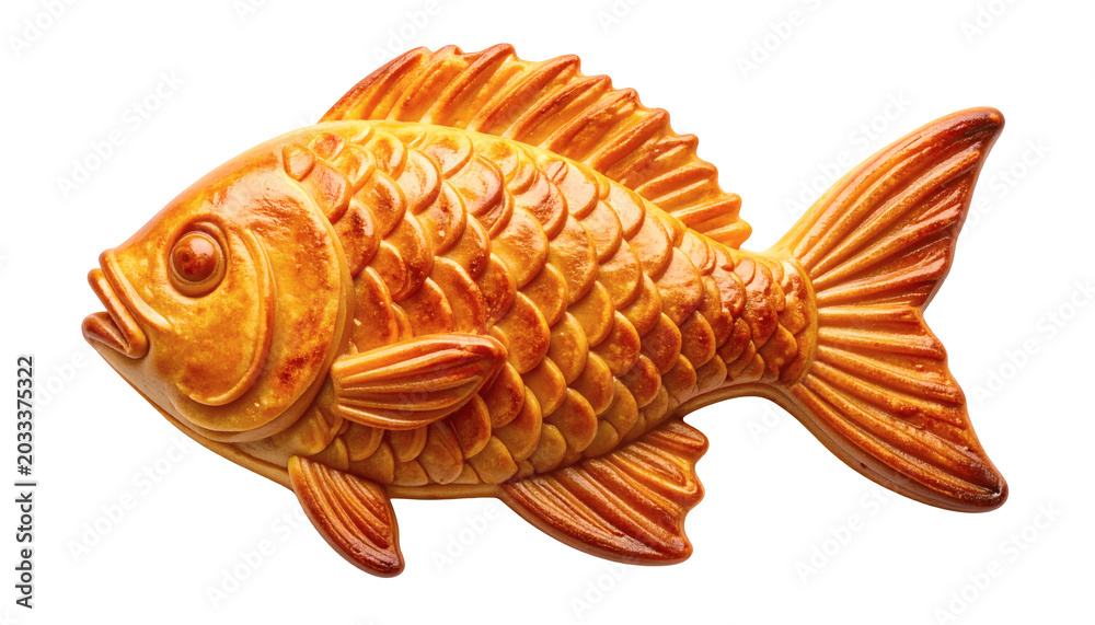 Fototapeta premium Golden fish-shaped mooncake or pastry, a traditional chinese delicacy symbolizing good fortune, abundance, and prosperity, beautifully prepared for cultural celebrations and festive occasions