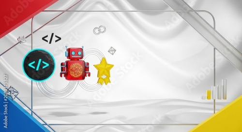 Advanced Gamified Coding Protocols and Digital Pedagogy Metrics Concept with Floating Slate Brackets, Resin Robot, and Brass Star Icons over White Silk with Copy Space