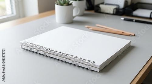 Blank spiral notebook mockup on a grey desk with stationery accessories for branding presentation and workspace planning