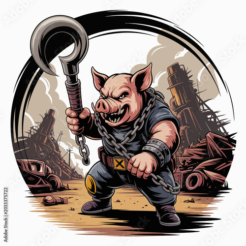 Foto Cartoon angry pig with hook hand.