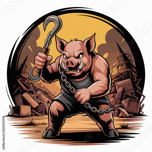 Foto Angry muscular pig holding hook chain.