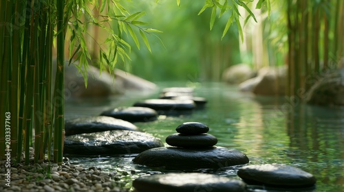 Zen Garden Path: Stepping stones create a tranquil pathway through a serene water feature surrounded by lush bamboo stalks and moss-covered rocks, evoking a sense of peace and mindfulness.