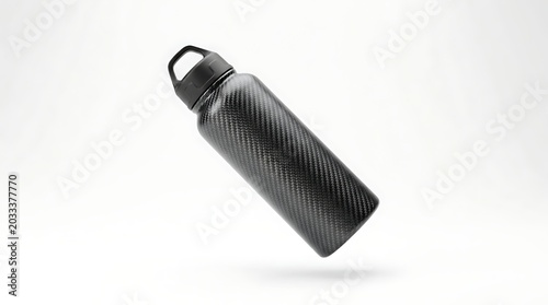 Isolated carbon fiber camping water bottle with black cap for outdoor adventure, hydration gear and equipment mockup