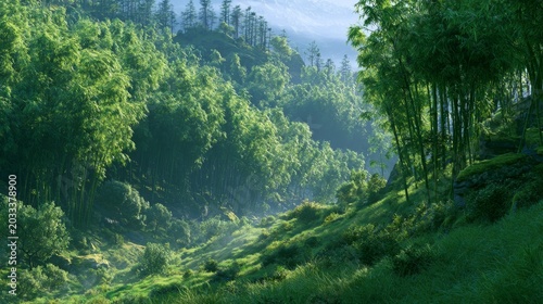 Misty Bamboo Forest: Sunlight filters through a dense bamboo forest, illuminating a verdant mountainside shrouded in gentle mist. A serene landscape emphasizing natural beauty and tranquility.