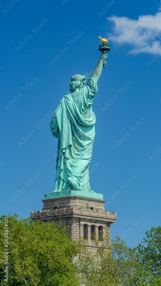 Fototapeta premium Statue of Liberty rear view against blue sky with cloud