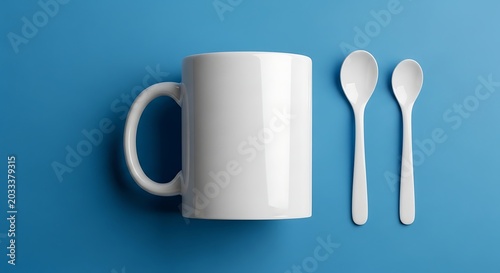 Blank white ceramic mug with two matching spoons on blue background for beverage product branding mockup and design display