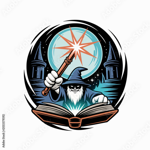 Fotografía Wizard with magic wand and book.