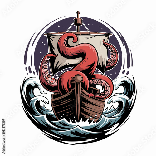 Photos Tentacled sea monster attacking wooden ship.