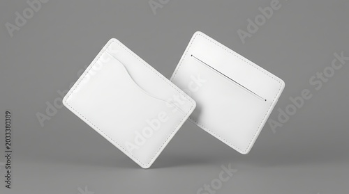 Floating blank white leather card holders mockup for branding presentation displaying front and back views on grey background