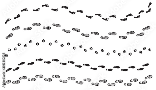 Collection of human footprints, shoe prints and animal paw track silhouettes isolated on white background, walking trail and tracking vector set for outdoor and adventure