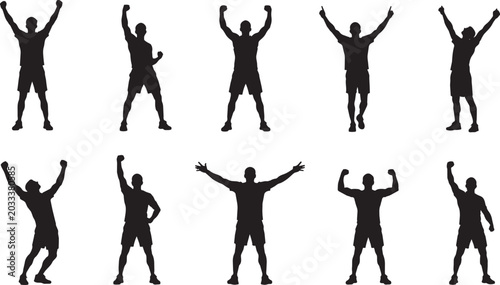 Collection of cheering man silhouette poses with raised arms isolated on white background, celebrating male athlete and winner gestures for success, victory and motivation vector 