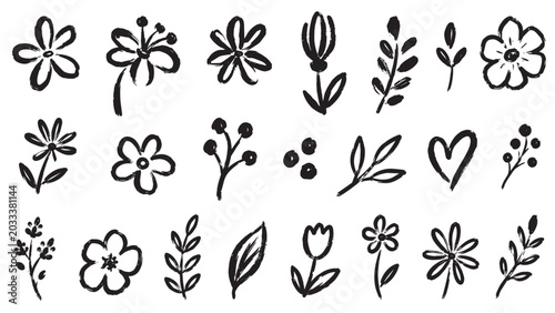 Collection of hand drawn floral doodles with flowers, leaves and botanical branches isolated on white background, artistic nature sketch vector set for decorative design