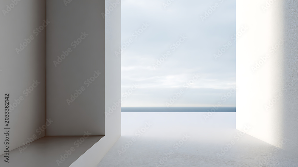 Fototapeta premium Minimalist white architecture with open view to distant calm ocean under a serene cloudy sky, geometric design and soft light