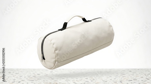 Isolated beige cylindrical duffel bag for camping gear storage with zipper closure and handle ideal for branding mockups
