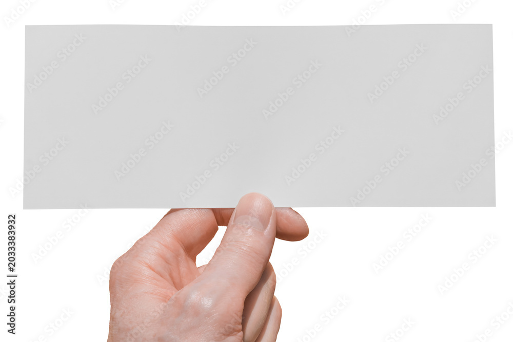 Fototapeta premium Hand holding blank white banner for advertising. Isolated