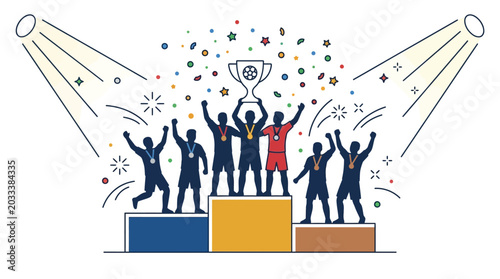 Cuadro en lienzo A team of soccer players standing on a winners podium with a trophy