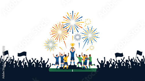 Cuadro en lienzo A victorious sports team celebrating with a trophy on a podium with cheering fans