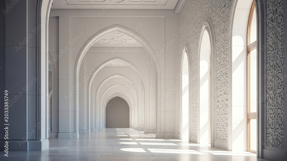 Obraz premium Photo-realistic Architecture: Elegant White Hallway with Arches and Sunlight in Islamic Style