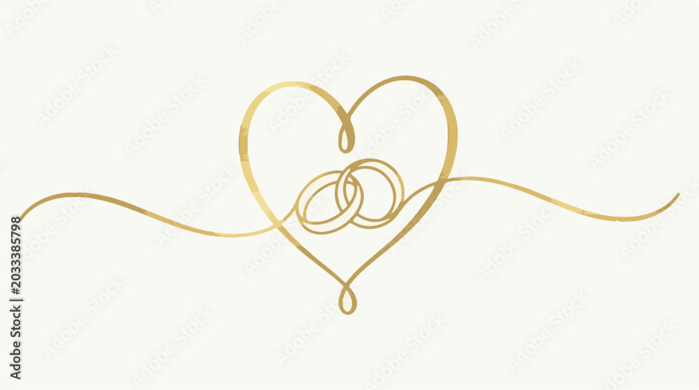 Fototapeta premium Golden heart with intertwined wedding rings elegant flourish