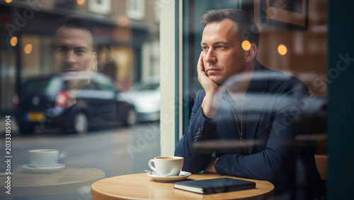 Photo-realistic portrait of thoughtful man contemplating urban business and life in a cafe.