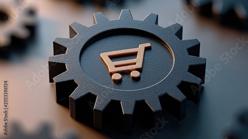 Dark Gear With Shopping Cart Symbol in E-Commerce Setting