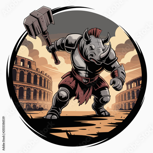 Rhino warrior in armor fighting stance.