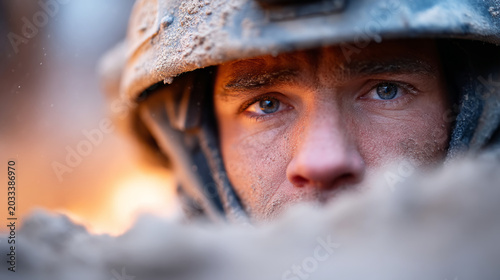 Determined young caucasian male soldier in helmet with intense gaze amidst battlefield