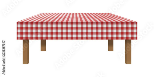 Empty cafe or kitchen table with red and white vichy tabletop in perspective. Element of furniture for Italian pizzeria restaurant. Picnic, street breakfast or dinner concept. Vector illustration.