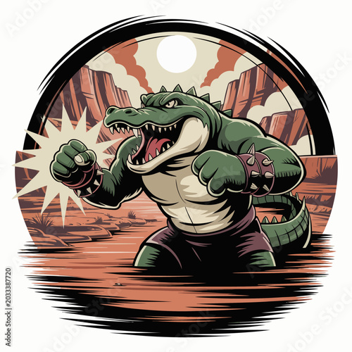 Photos Cartoon crocodile in fighting stance aggressive.