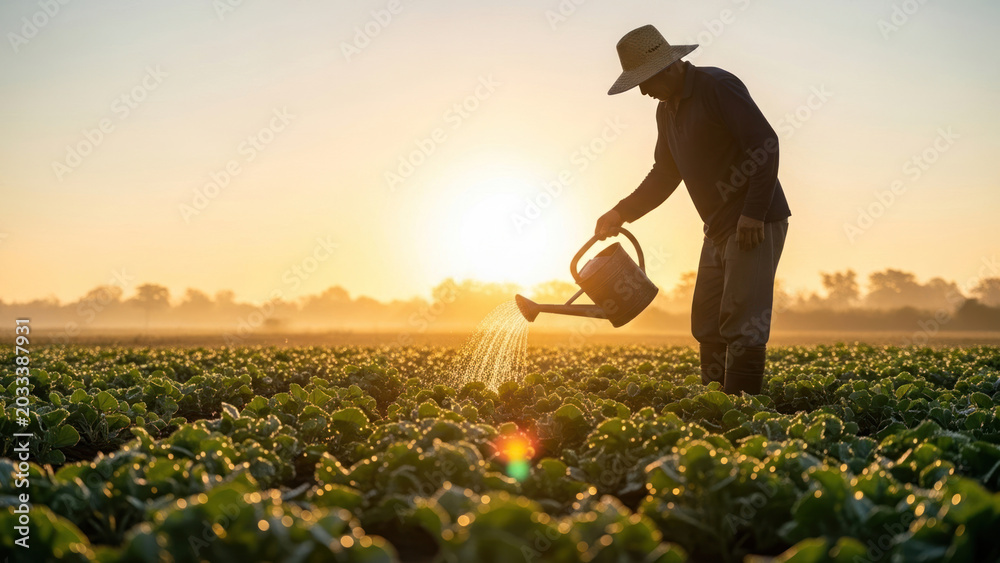 Fototapeta premium Agriculture: Farmer Watering Fresh Green Crops at Sunrise. Sustainable Farming and Rural Life Photography.