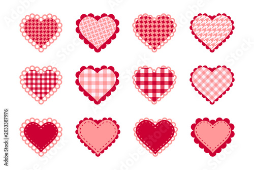 Set of cute paper or textile red and pink heart shapes with checkered vichy, houndstooth and pepita pattern and laced borders. Templates of Valentine day cards or patches. Vector flat illustration.