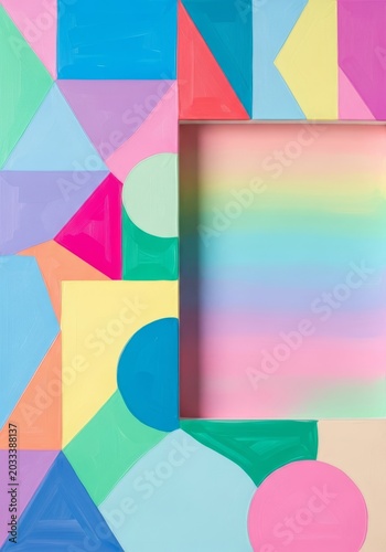 A vibrant abstract composition featuring painterly geometric shapes and overlapping pastel blocks with a high-gloss liquid resin finish, liquid, vibrant, colorful