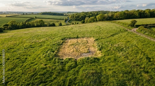 Aerial View of a Green Field with a Rectangular Patch of Dry Grass.