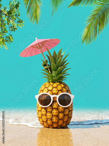 Playful pineapple wearing sunglasses and holding pink umbrella on tropical beach