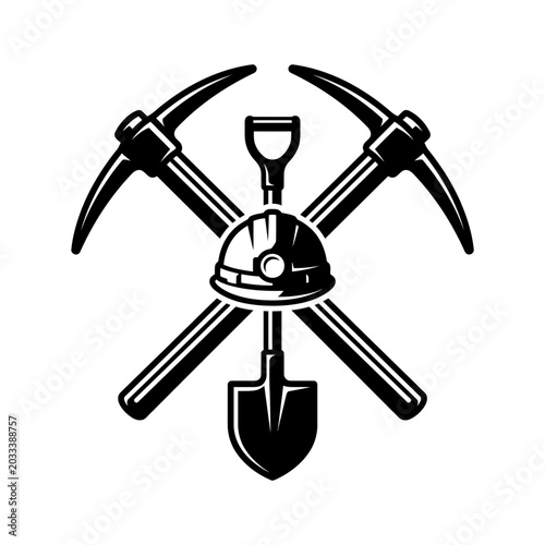 Crossed mining tools with hard hat center design