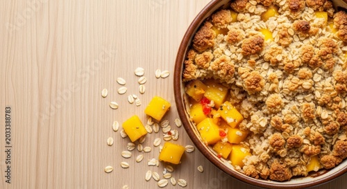 Top view of a freshly baked mango crumble in a ceramic dish, featuring golden oat topping and vibrant fruit chunks on a wooden table, kitchen, cobbler, overhead