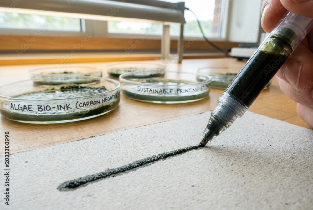 Naklejka premium Sustainable algae based ink pen writing on paper in laboratory setting