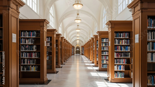 Photorealistic View of a Grand Academic Library Interior with Endless Rows of Bookshelves and Arched Ceiling