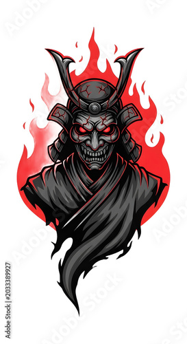 Fierce Samurai Demon with Red Flames