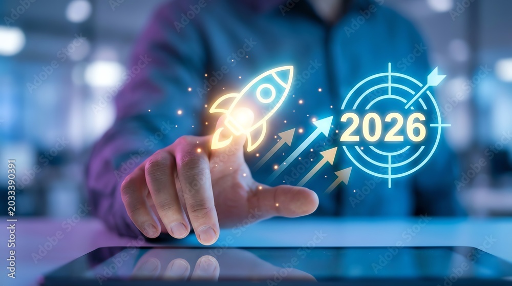 Fototapeta premium Driving future growth A hand engaging with a digital interface, launching innovation and setting strategic business targets for achievement by 2026