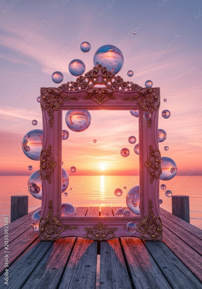 Obraz premium An ornate blush pink frame stands on a fantasy harbor pier at sunset, surrounded by iridescent pearl bubbles under a glowing rose sky, vintage, ornate, landscape