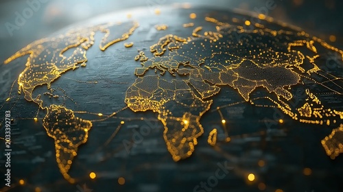 Global Golden Illuminated World Map Displaying Interconnected Continents Traced By Glowing Lines