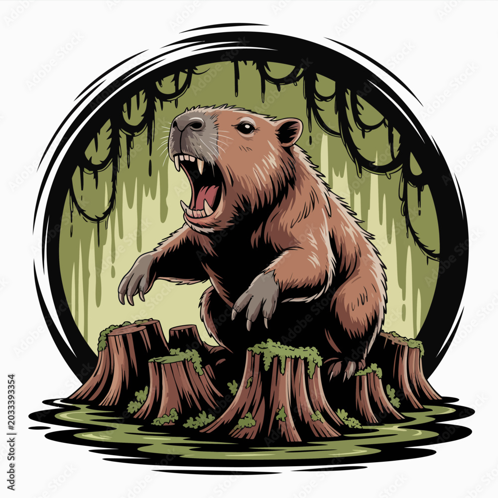 Behang Large angry beaver standing on stumps.