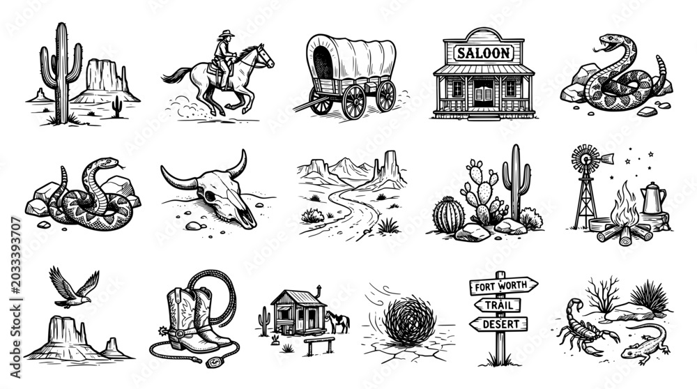 Obraz premium Set of wild west icons, western desert elements, cowboy and nature symbols