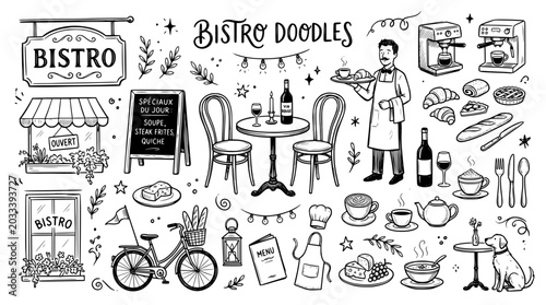 Bistro doodles set, hand drawn cafe elements