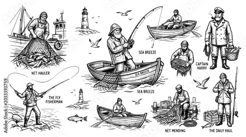 Set of fishermen, boats, lighthouse and fishing equipment sketches