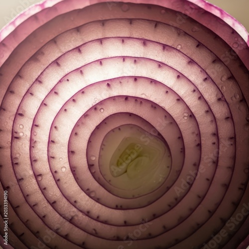 A macro photograph showing the concentric circles and translucent textures of a sliced onion with soft lighting highlighting the details, circles, moisture, fiber