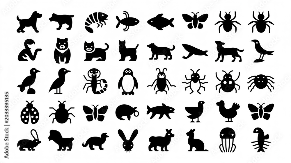 Obraz premium Vector silhouettes of various animals including cats, dogs, horses, lions, elephants, birds, deer, giraffes, and other wild and farm animals in a black cartoon icon set