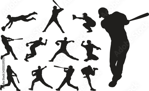 Obraz na płótnie Baseball Silhouette Collection: A dynamic collection of black silhouettes depicting various baseball actions, including batting, pitching, catching, and sliding, showcasing the intensity of the sport